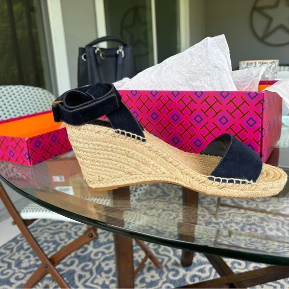 Tory Burch Navy suede Espadrille with ankle strap size 8.5. Gold hardware.