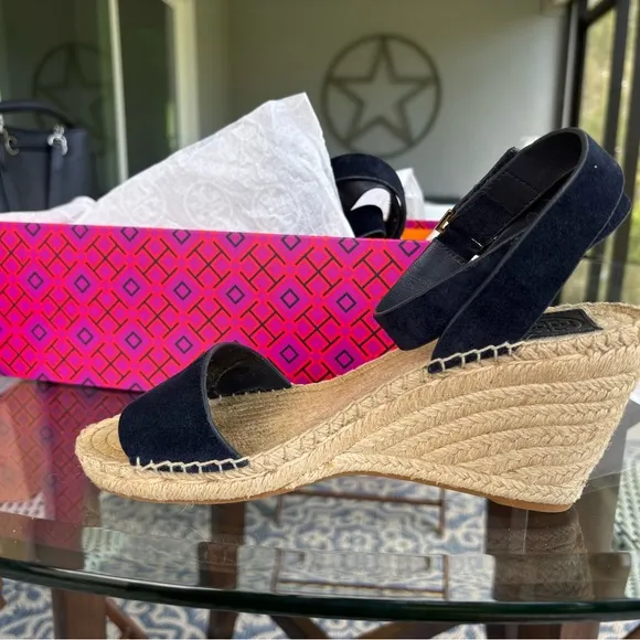 Tory Burch Navy suede Espadrille with ankle strap size 8.5. Gold hardware.