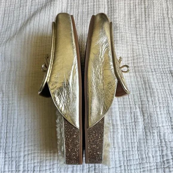 Tory Burch | NWOT Spark Gold Leather Charm Slipper Shearling Flats Mules
