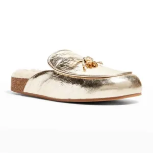 Tory Burch | NWOT Spark Gold Leather Charm Slipper Shearling Flats Mules