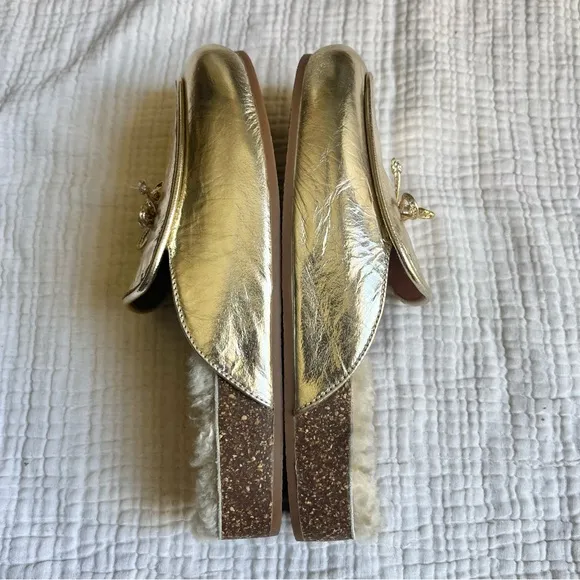 Tory Burch | NWOT Spark Gold Leather Charm Slipper Shearling Flats Mules