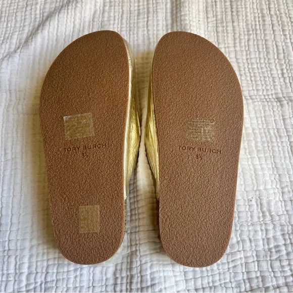 Tory Burch | NWOT Spark Gold Leather Charm Slipper Shearling Flats Mules