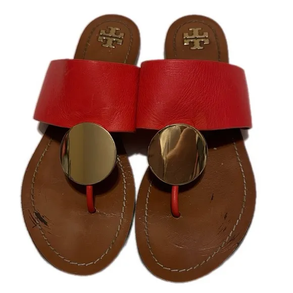 Tory Burch Patos Disk Thong Sandals, Brilliant Red / Gold Size 9M