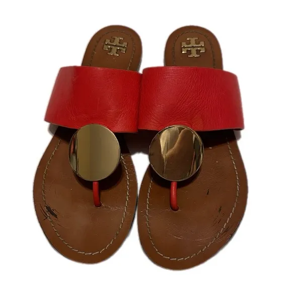 Tory Burch Patos Disk Thong Sandals, Brilliant Red / Gold Size 9M