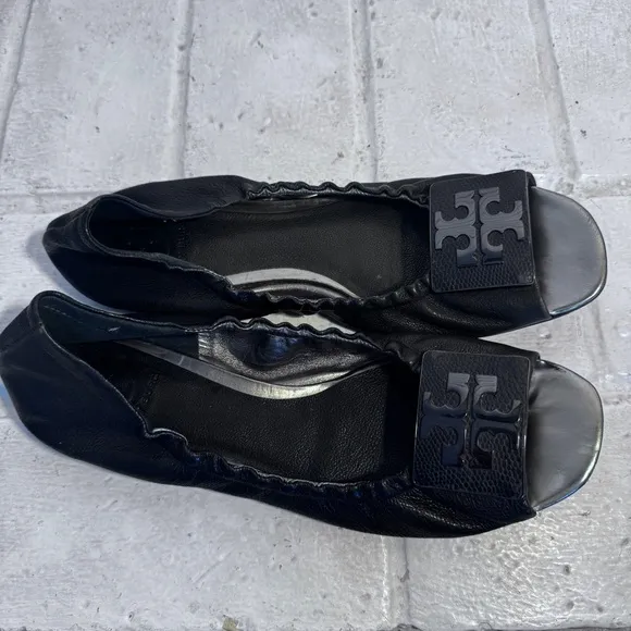 Tory Burch peep-toe black flats, size 10