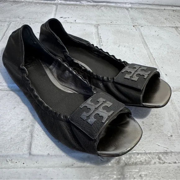 Tory Burch peep-toe black flats, size 10