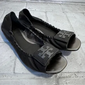 Tory Burch peep-toe black flats, size 10