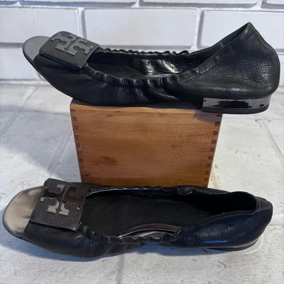 Tory Burch peep-toe black flats, size 10
