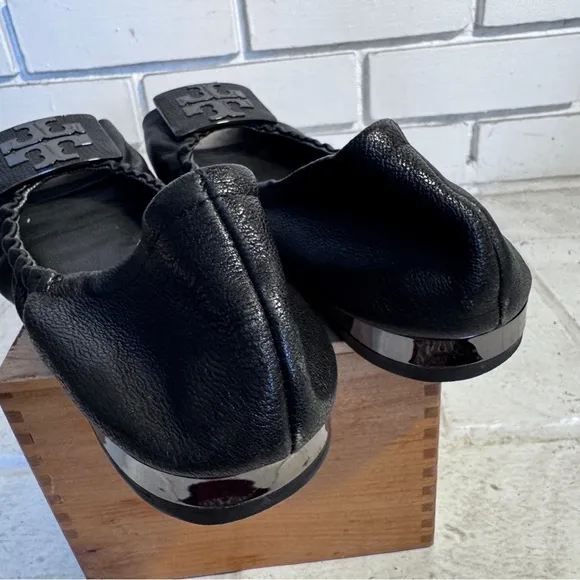 Tory Burch peep-toe black flats, size 10
