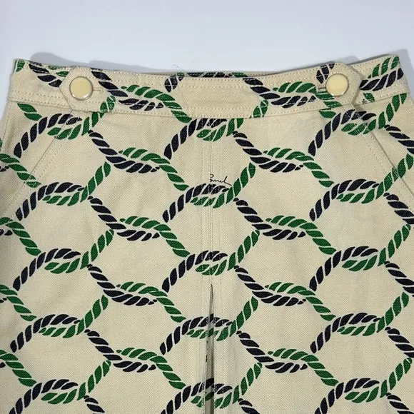 Tory Burch Pier Skirt Rope Print Cream/Navy Blue/Green Cotton/Linen Blend Size 0