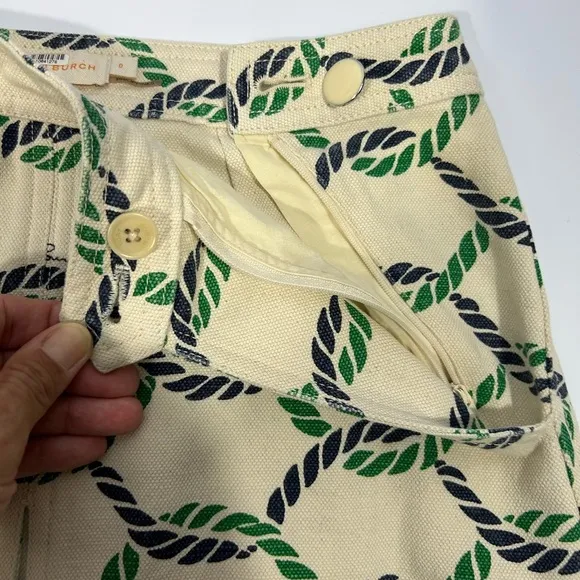 Tory Burch Pier Skirt Rope Print Cream/Navy Blue/Green Cotton/Linen Blend Size 0