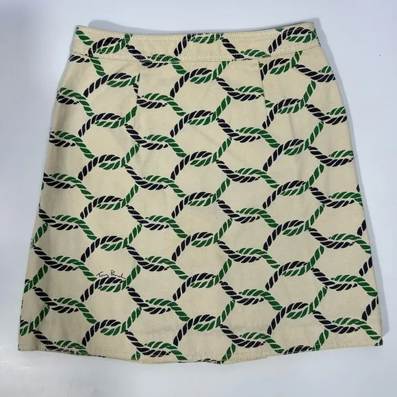 Tory Burch Pier Skirt Rope Print Cream/Navy Blue/Green Cotton/Linen Blend Size 0