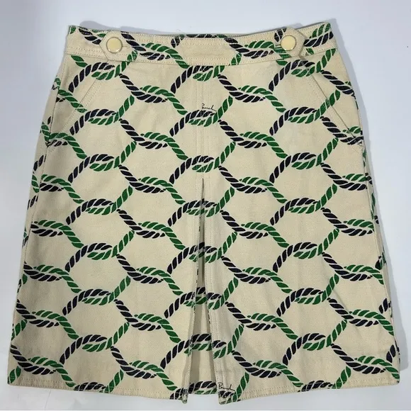 Tory Burch Pier Skirt Rope Print Cream/Navy Blue/Green Cotton/Linen Blend Size 0