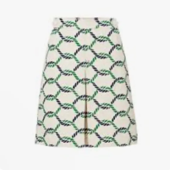 Tory Burch Pier Skirt Rope Print Cream/Navy Blue/Green Cotton/Linen Blend Size 0