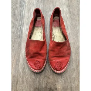 Tory Burch Pink Red Leather Slip On Flat Espadrilles Shoe Sz 9.5