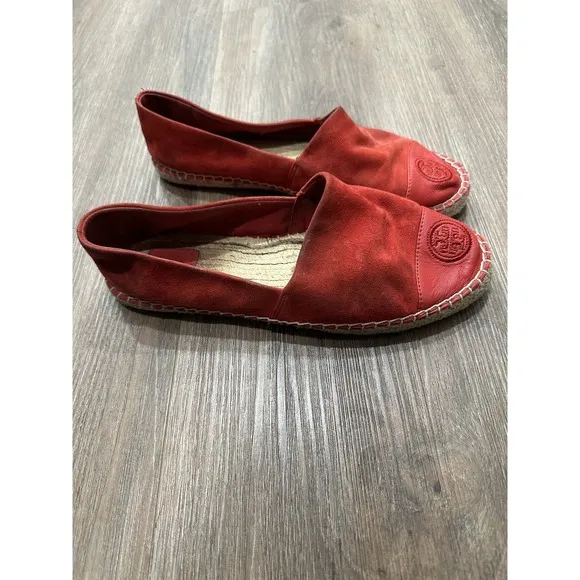 Tory Burch Pink Red Leather Slip On Flat Espadrilles Shoe Sz 9.5