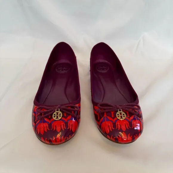Tory Burch Purple and Red Patent Leather Floral Ballerina Flats Size 8.5