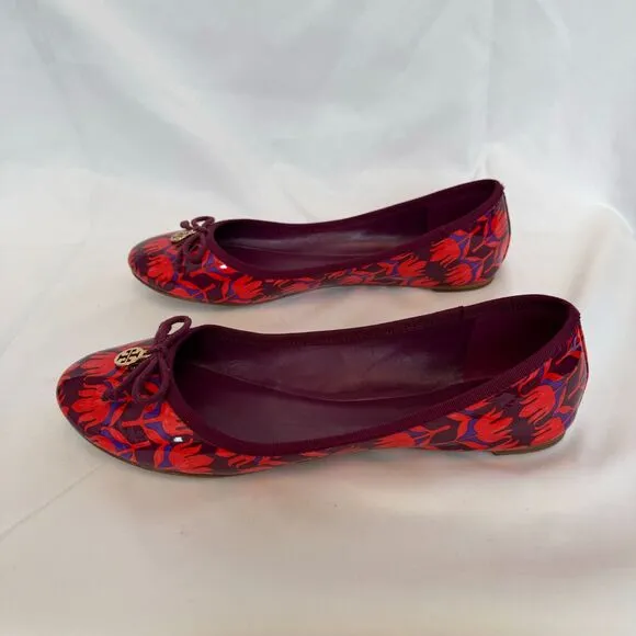 Tory Burch Purple and Red Patent Leather Floral Ballerina Flats Size 8.5