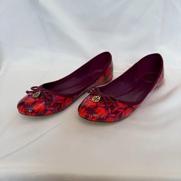 Tory Burch Purple and Red Patent Leather Floral Ballerina Flats Size 8.5