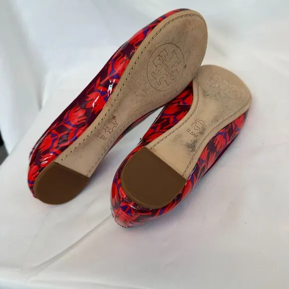 Tory Burch Purple and Red Patent Leather Floral Ballerina Flats Size 8.5