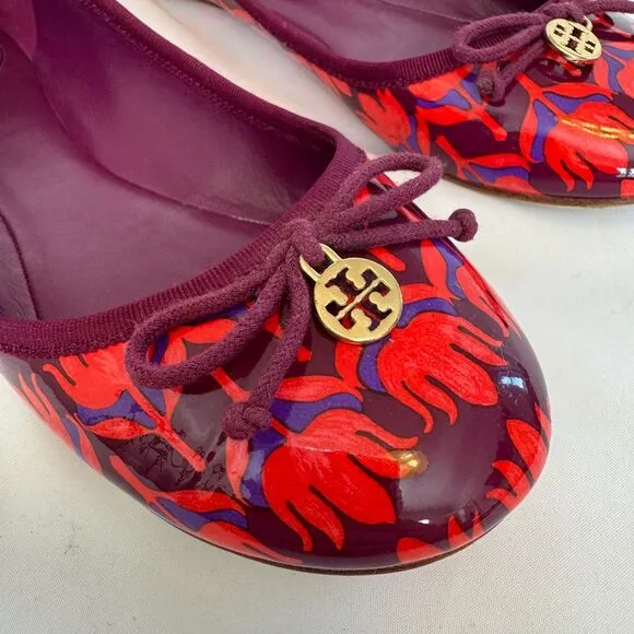 Tory Burch Purple and Red Patent Leather Floral Ballerina Flats Size 8.5
