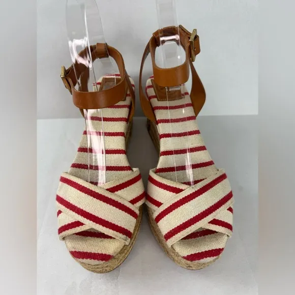 Tory Burch Red and Tan Espadrilles with Striped Design Size 9