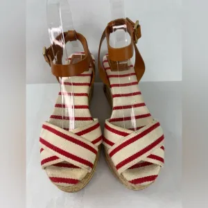 Tory Burch Red and Tan Espadrilles with Striped Design Size 9