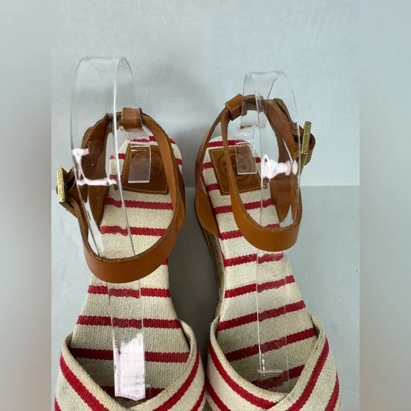 Tory Burch Red and Tan Espadrilles with Striped Design Size 9