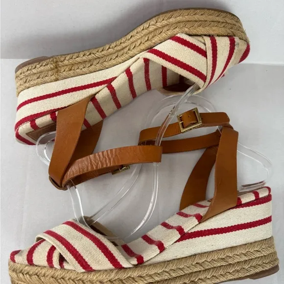Tory Burch Red and Tan Espadrilles with Striped Design Size 9