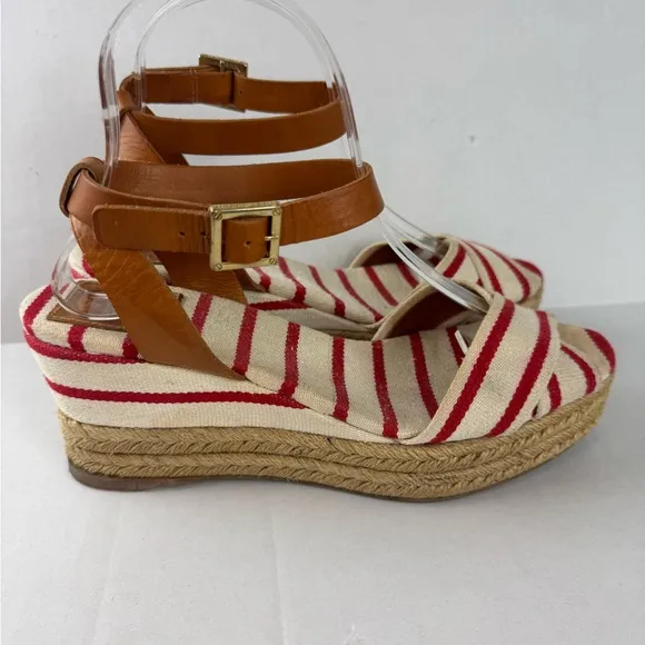 Tory Burch Red and Tan Espadrilles with Striped Design Size 9