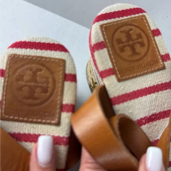 Tory Burch Red and Tan Espadrilles with Striped Design Size 9