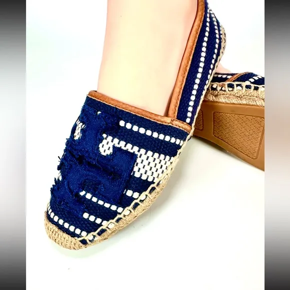 Tory Burch Shaw Espadrille Raffia Shoes Blue and Tan Size 8.5