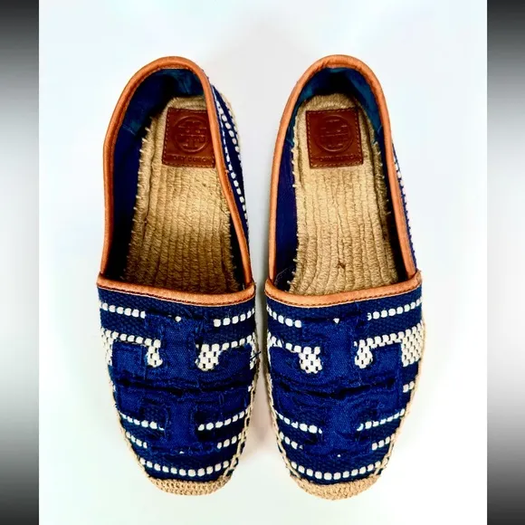Tory Burch Shaw Espadrille Raffia Shoes Blue and Tan Size 8.5