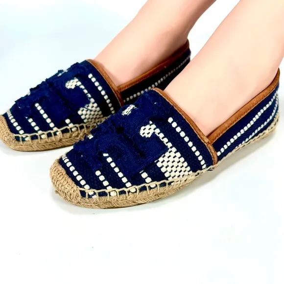 Tory Burch Shaw Espadrille Raffia Shoes Blue and Tan Size 8.5