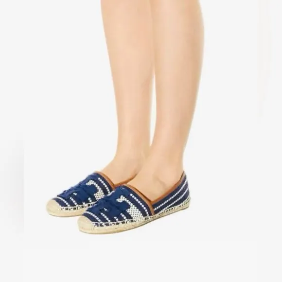 Tory Burch Shaw Espadrille Raffia Shoes Blue and Tan Size 8.5