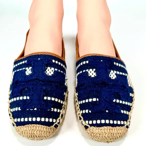 Tory Burch Shaw Espadrille Raffia Shoes Blue and Tan Size 8.5