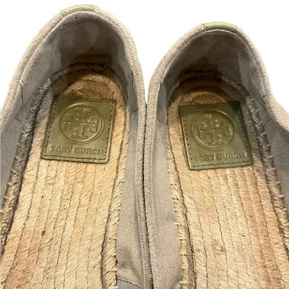 Tory Burch Sidney Espadrille Flats Gray Suede Leather Trim Front Logo Size 9 EUC