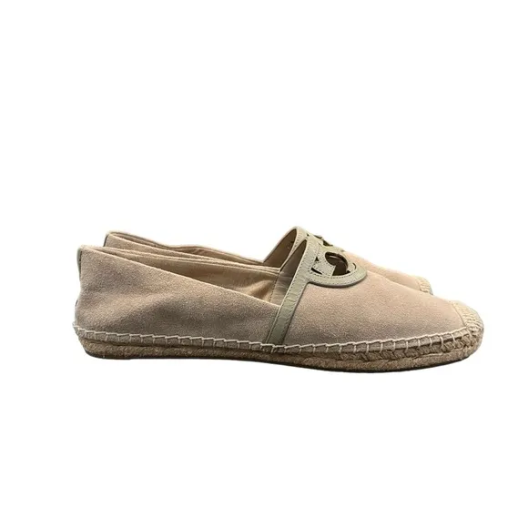 Tory Burch Sidney Espadrille Flats Gray Suede Leather Trim Front Logo Size 9 EUC