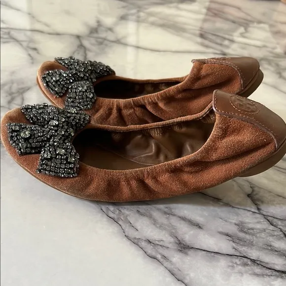 Tory Burch Tan Silver Suede Flats with Crystal Bow