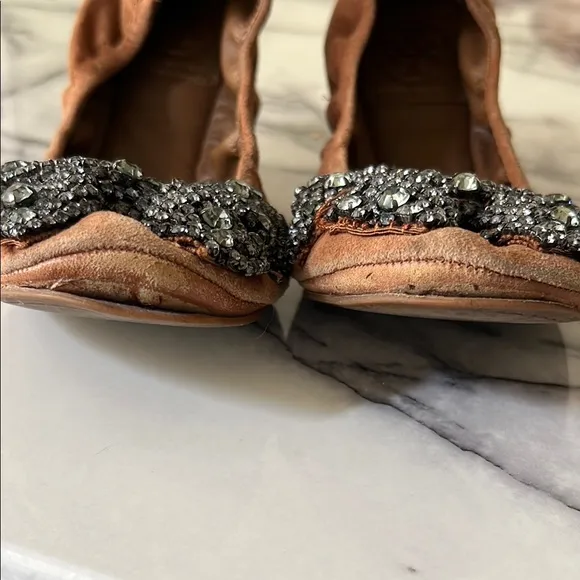 Tory Burch Tan Silver Suede Flats with Crystal Bow