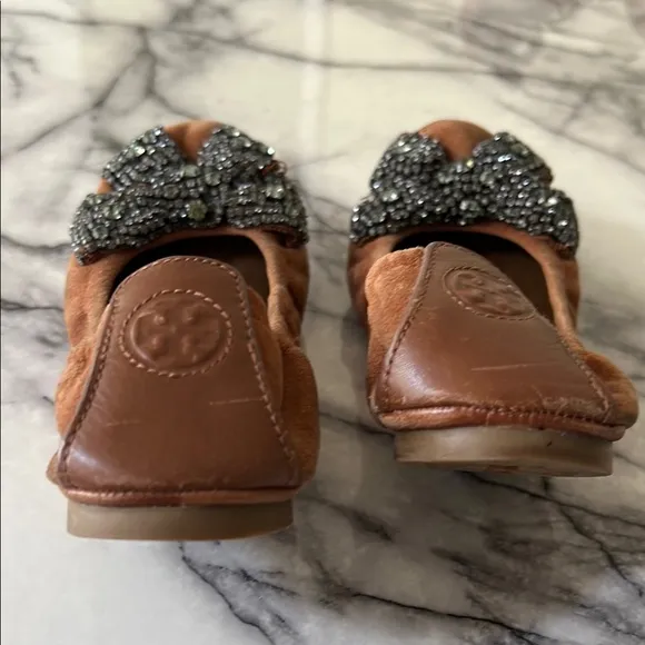 Tory Burch Tan Silver Suede Flats with Crystal Bow