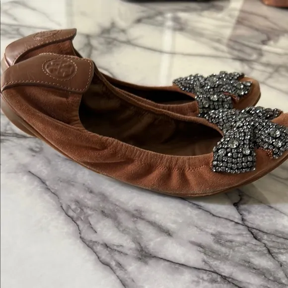 Tory Burch Tan Silver Suede Flats with Crystal Bow