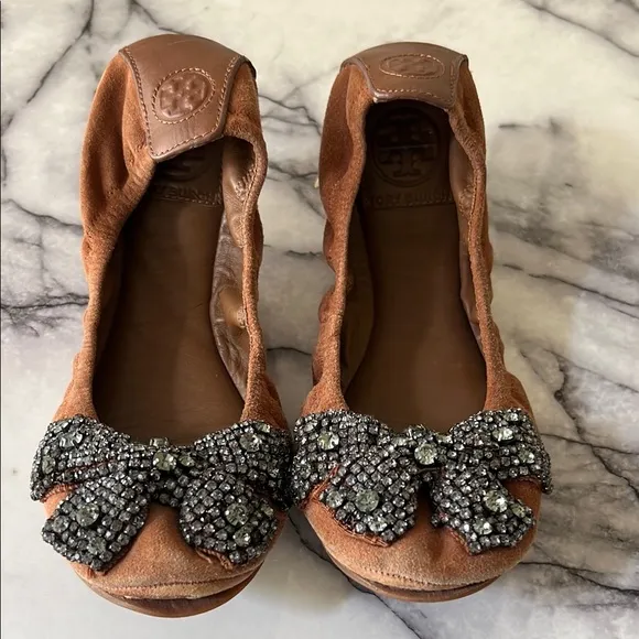 Tory Burch Tan Silver Suede Flats with Crystal Bow