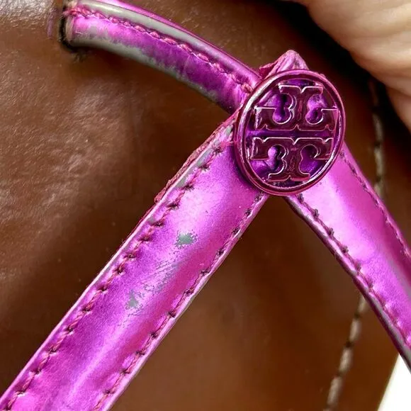 Tory Burch Terra Magenta Metallic Leather Thong Sandals size 7.5