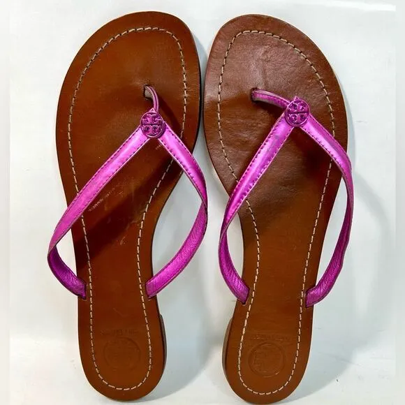 Tory Burch Terra Magenta Metallic Leather Thong Sandals size 7.5