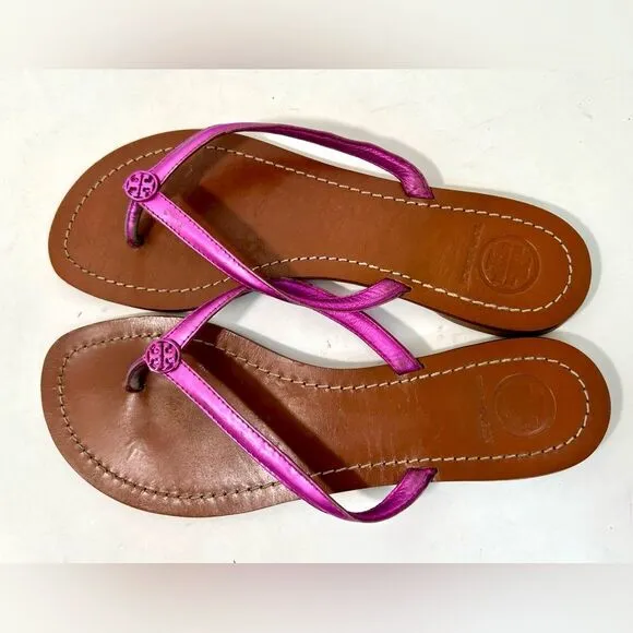 Tory Burch Terra Magenta Metallic Leather Thong Sandals size 7.5