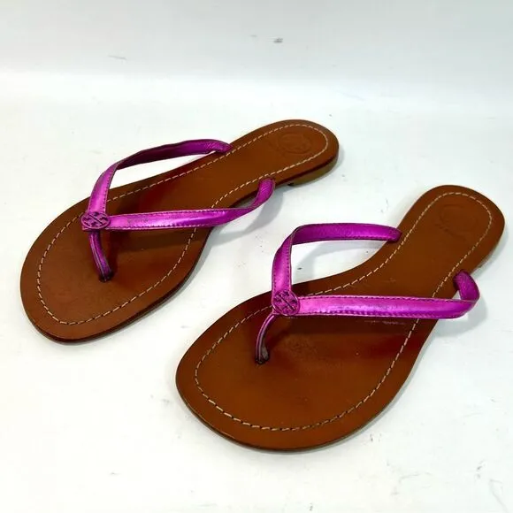 Tory Burch Terra Magenta Metallic Leather Thong Sandals size 7.5