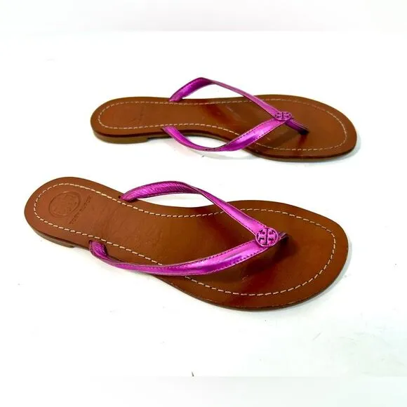 Tory Burch Terra Magenta Metallic Leather Thong Sandals size 7.5