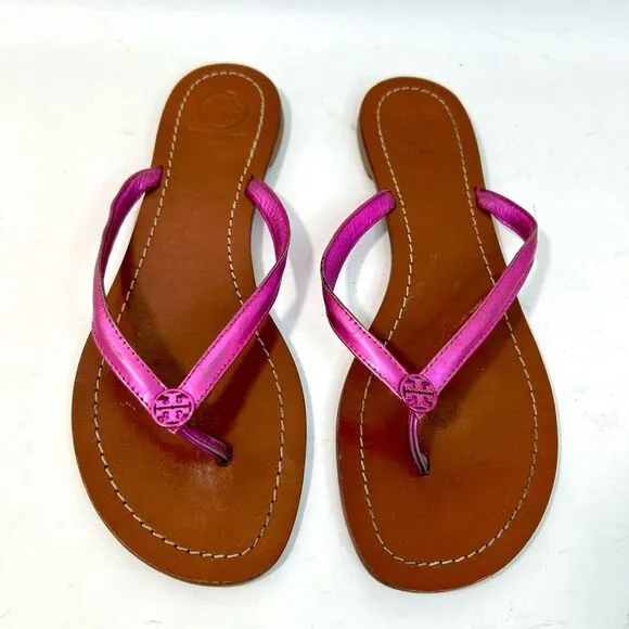 Tory Burch Terra Magenta Metallic Leather Thong Sandals size 7.5