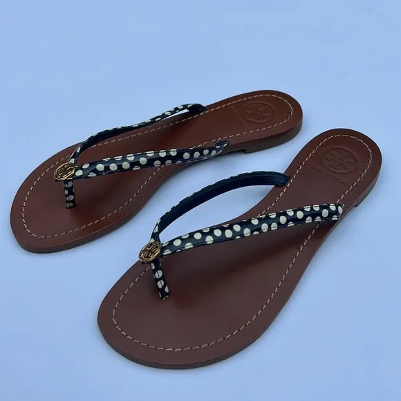 Tory Burch Terra Thong Flip Flops Leather Thong Sandals 5.5 Nautical Dot…